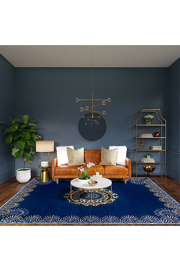 Blue Golden Wool & Silk Handcrafted Carpet by QAALEEN at Pernia's Pop Up Shop