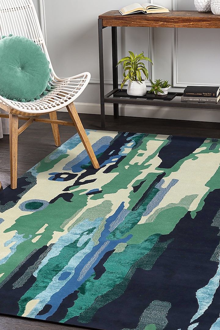 Blue & Green Woolen Hand-Tufted Carpet by QAALEEN
