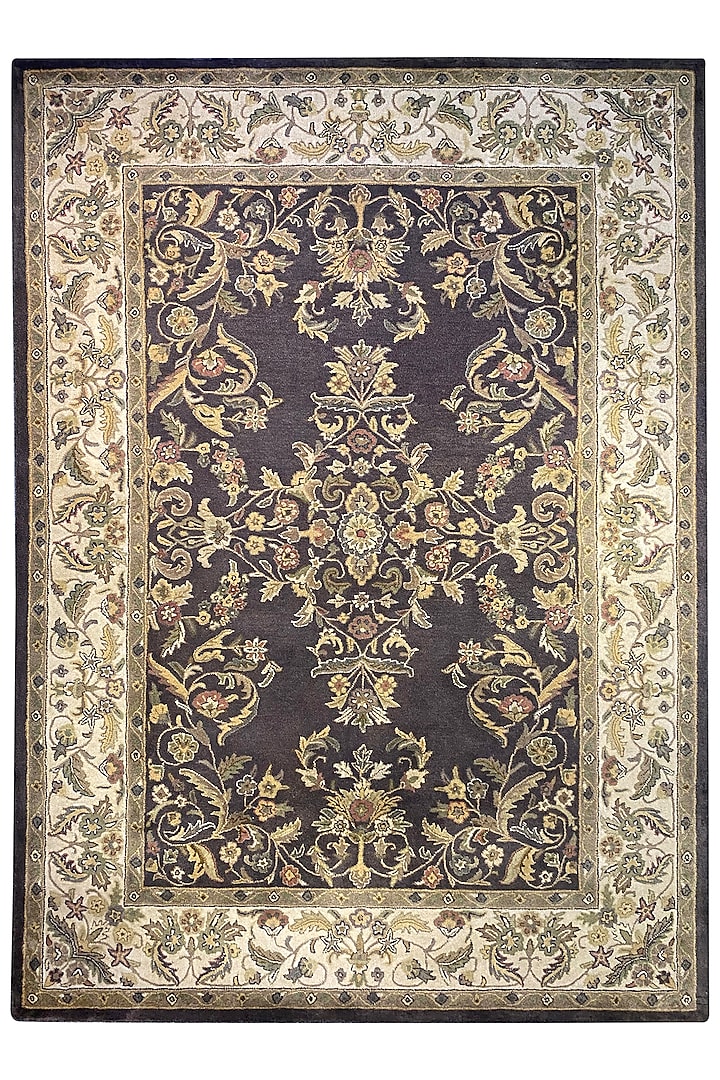 Dark Grey & Beige Handwoven Carpet by QAALEEN