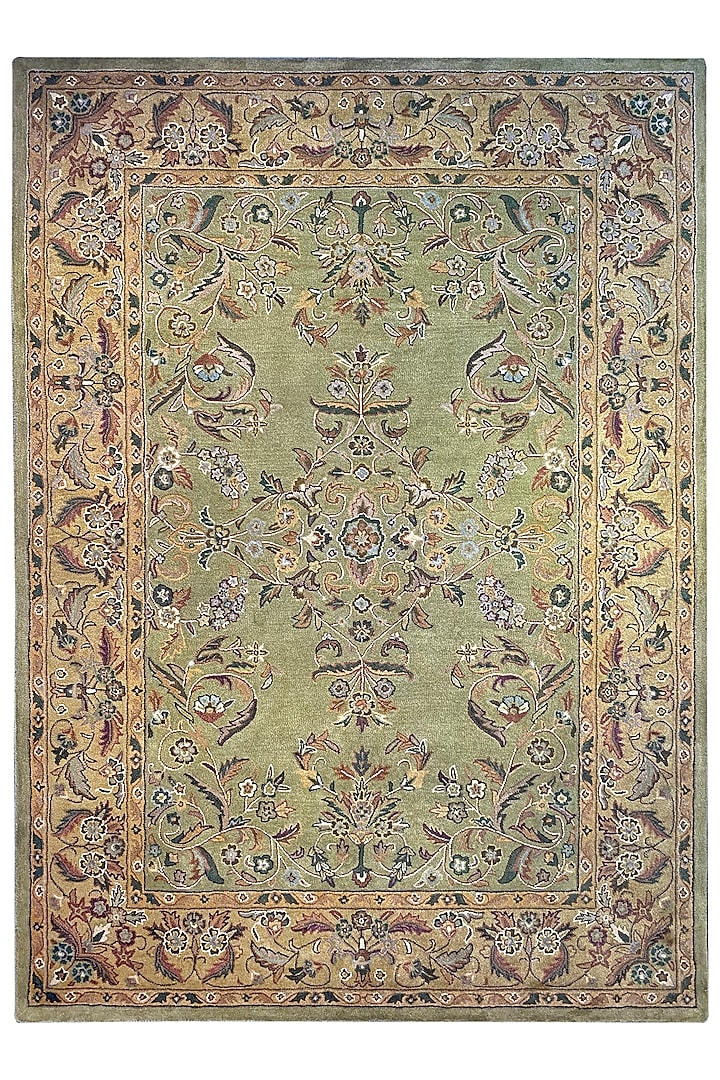 Green & Gold Handwoven Carpet by QAALEEN