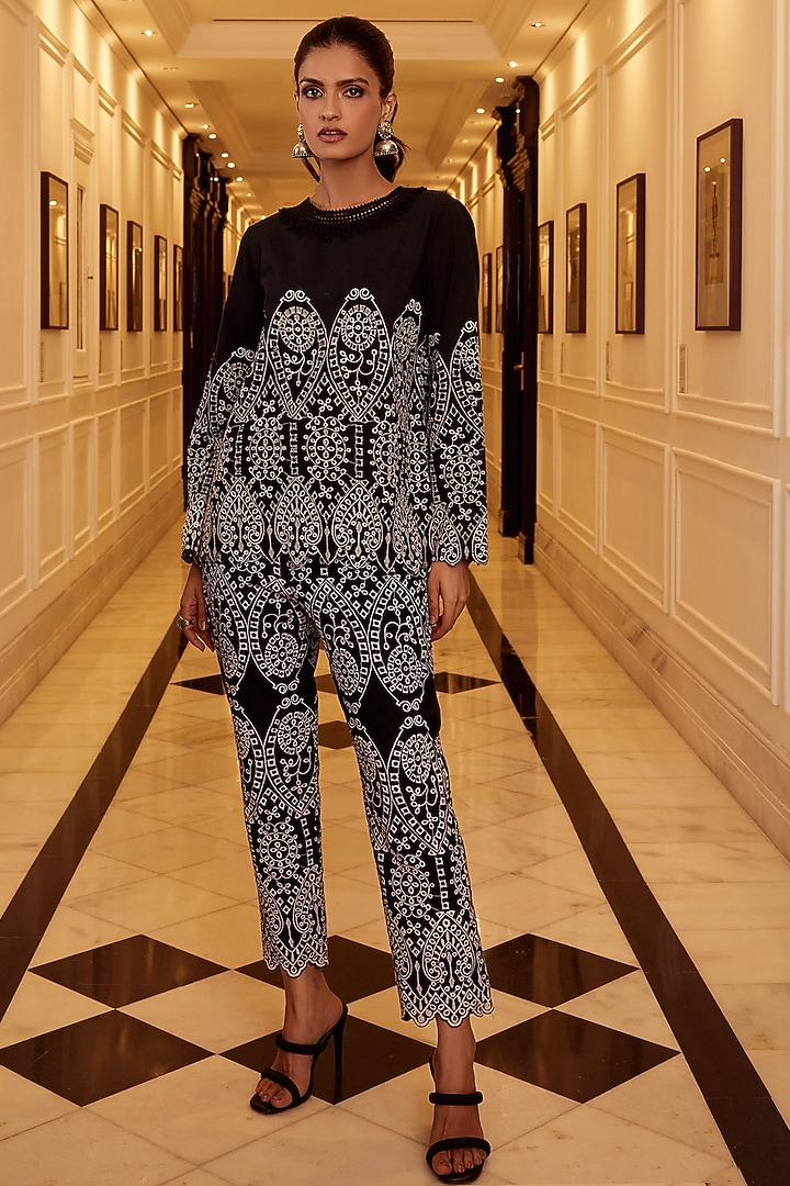 Black Cotton Schiffli Embroidered Co-Ord Set by QALA CLOTHING at Pernia's Pop Up Shop