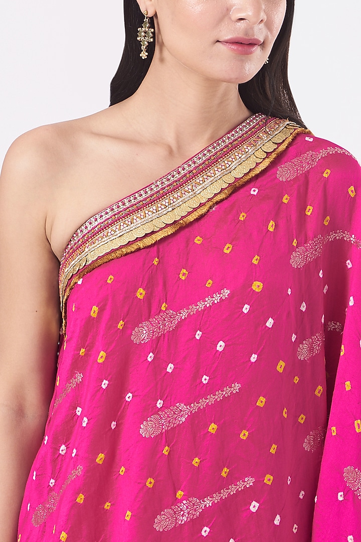 Fuchsia Hand Embroidered One-Shoulder Kaftan Set by QBIK at Pernia's Pop Up Shop