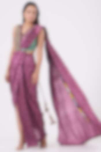Aged Purple Embroidered Skirt Saree Set by QBIK