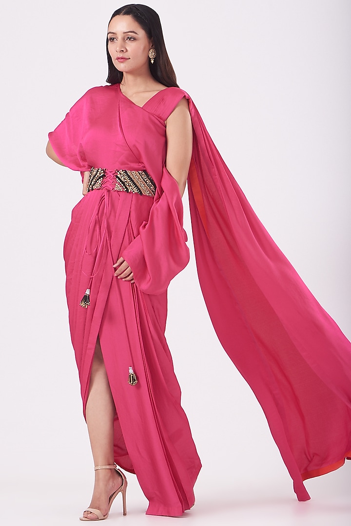Deep Pink Hand Embroidered Gown Saree by QBIK