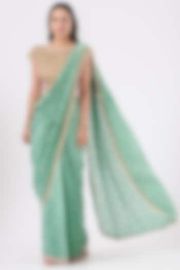 Aquarium Green Hand Embroidered Stitched Saree Set by QBIK at Pernia's Pop Up Shop