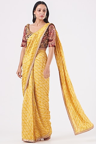 Citrus Yellow Embroidered Pleated Saree Set by QBIK