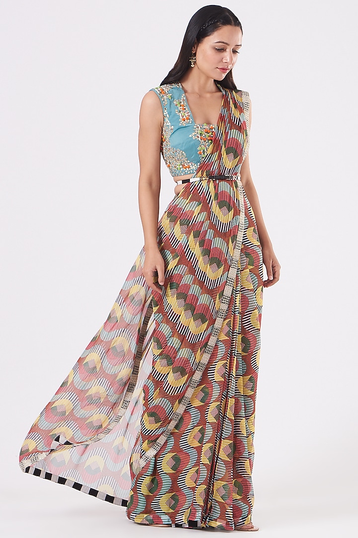 Multi-Colored Chiffon Printed & Aari Embroidered Saree Set by QBIK