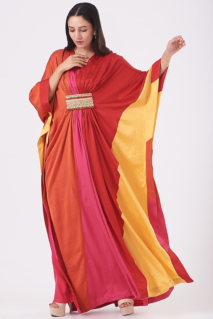 Fuchsia & Dark Orange Color Blocked Gathered Kaftan by QBIK at Pernia's Pop Up Shop