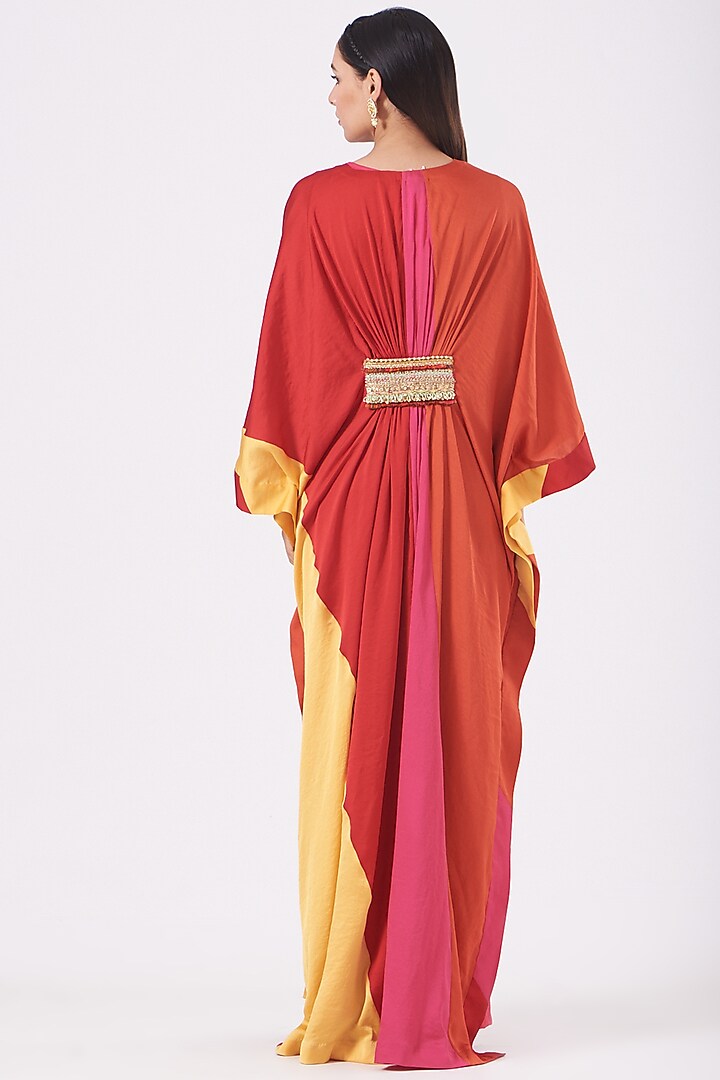 Fuchsia & Dark Orange Color Blocked Gathered Kaftan by QBIK at Pernia's Pop Up Shop