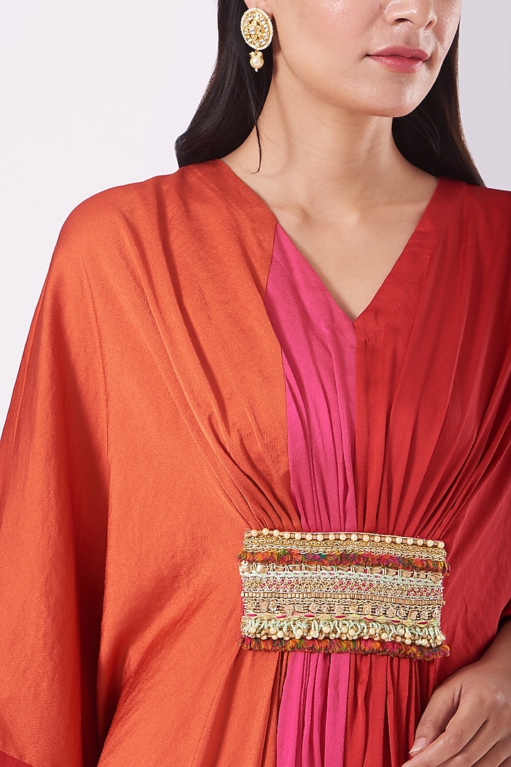 Fuchsia & Dark Orange Color Blocked Gathered Kaftan by QBIK at Pernia's Pop Up Shop