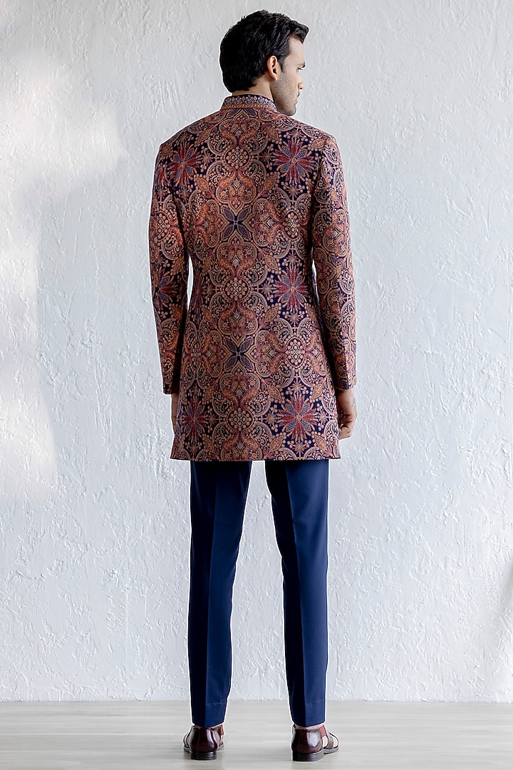 Navy Kashmiri Embroidered Groom Indowestern Set by Qbik Men at Pernia's Pop Up Shop