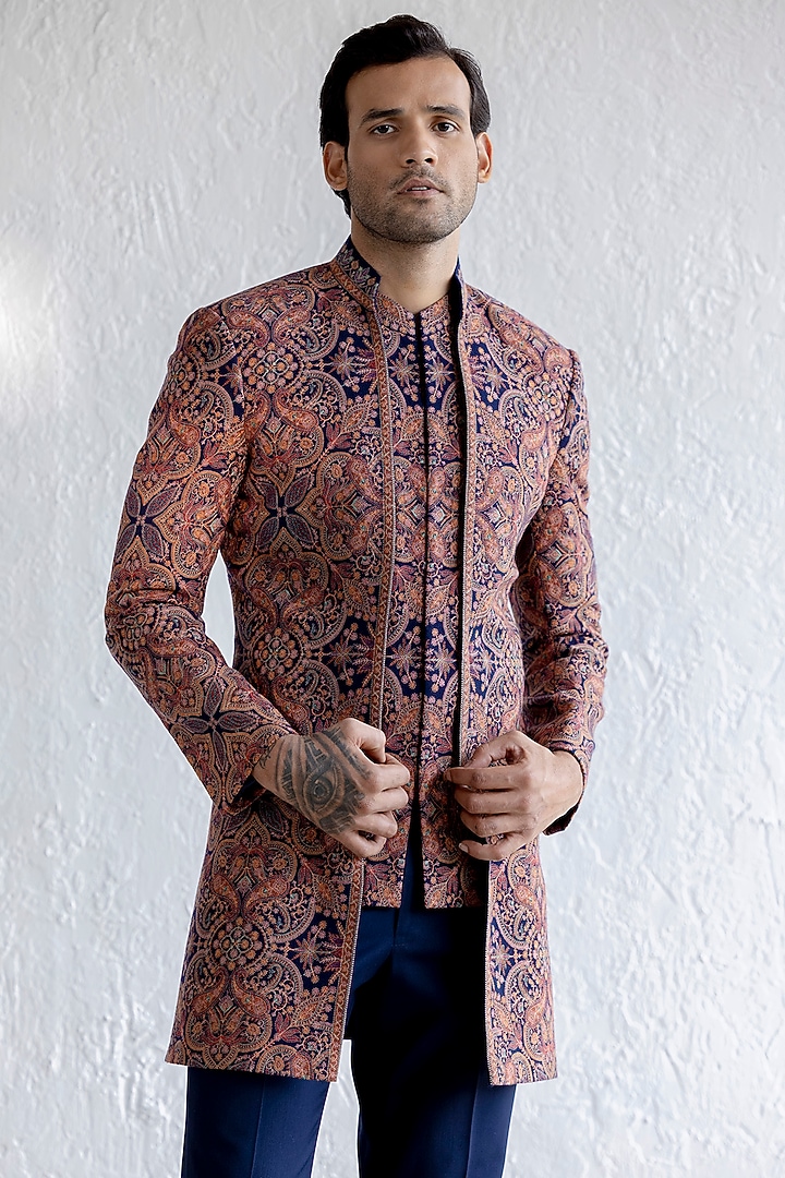 Navy Kashmiri Embroidered Groom Indowestern Set by Qbik Men at Pernia's Pop Up Shop