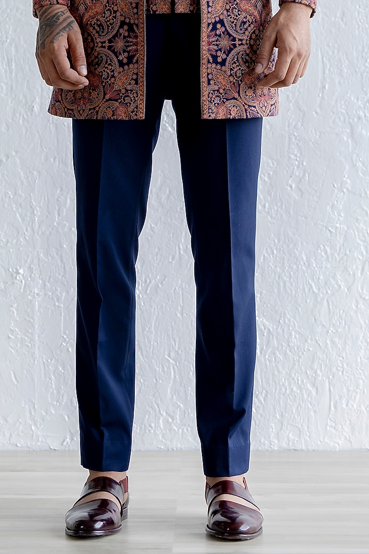 Navy Kashmiri Embroidered Groom Indowestern Set by Qbik Men at Pernia's Pop Up Shop