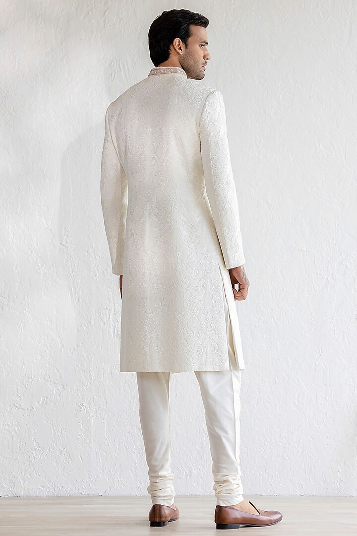 Ivory Georgette Embroidered Groom Sherwani Set by Qbik Men at Pernia's Pop Up Shop