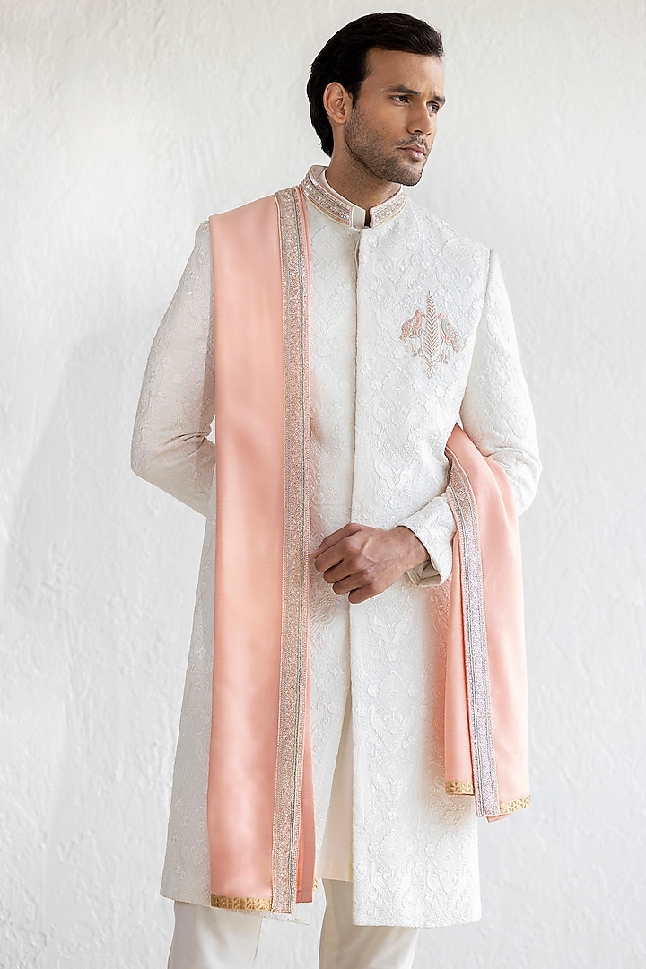 Ivory Georgette Embroidered Groom Sherwani Set by Qbik Men at Pernia's Pop Up Shop