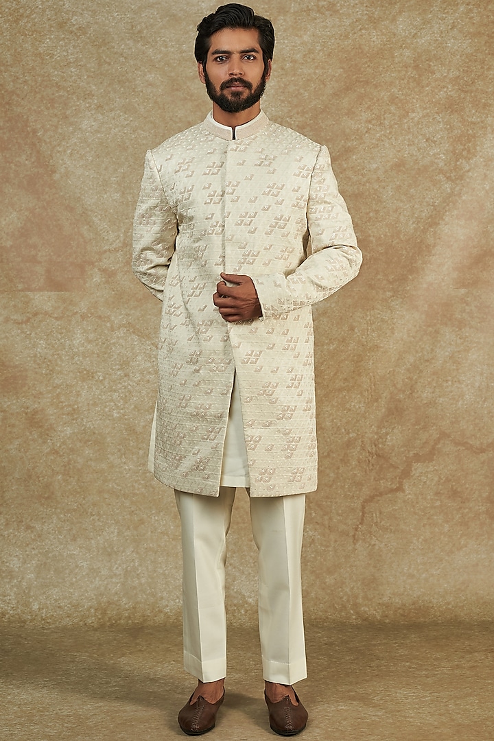 Off-White Viscose Wool Embroidered Sherwani Set by Qbik Men