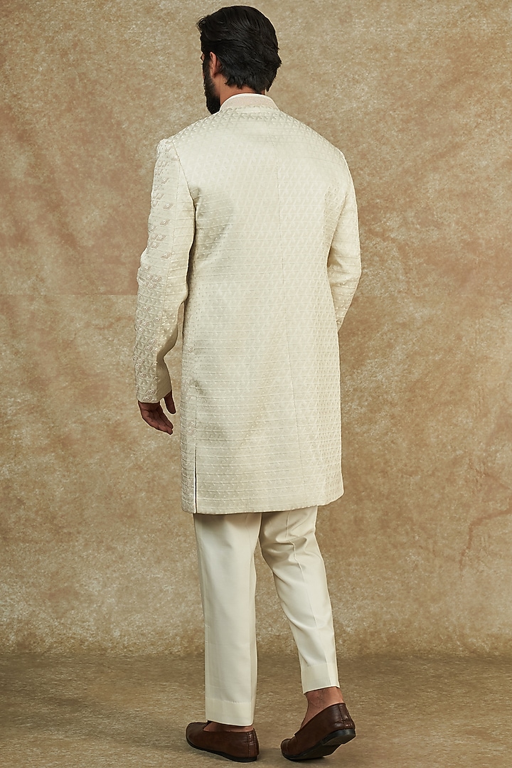 Off-White Viscose Wool Embroidered Groom Sherwani Set by Qbik Men at Pernia's Pop Up Shop