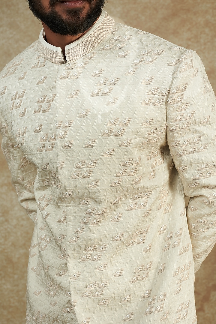 Off-White Viscose Wool Embroidered Groom Sherwani Set by Qbik Men at Pernia's Pop Up Shop