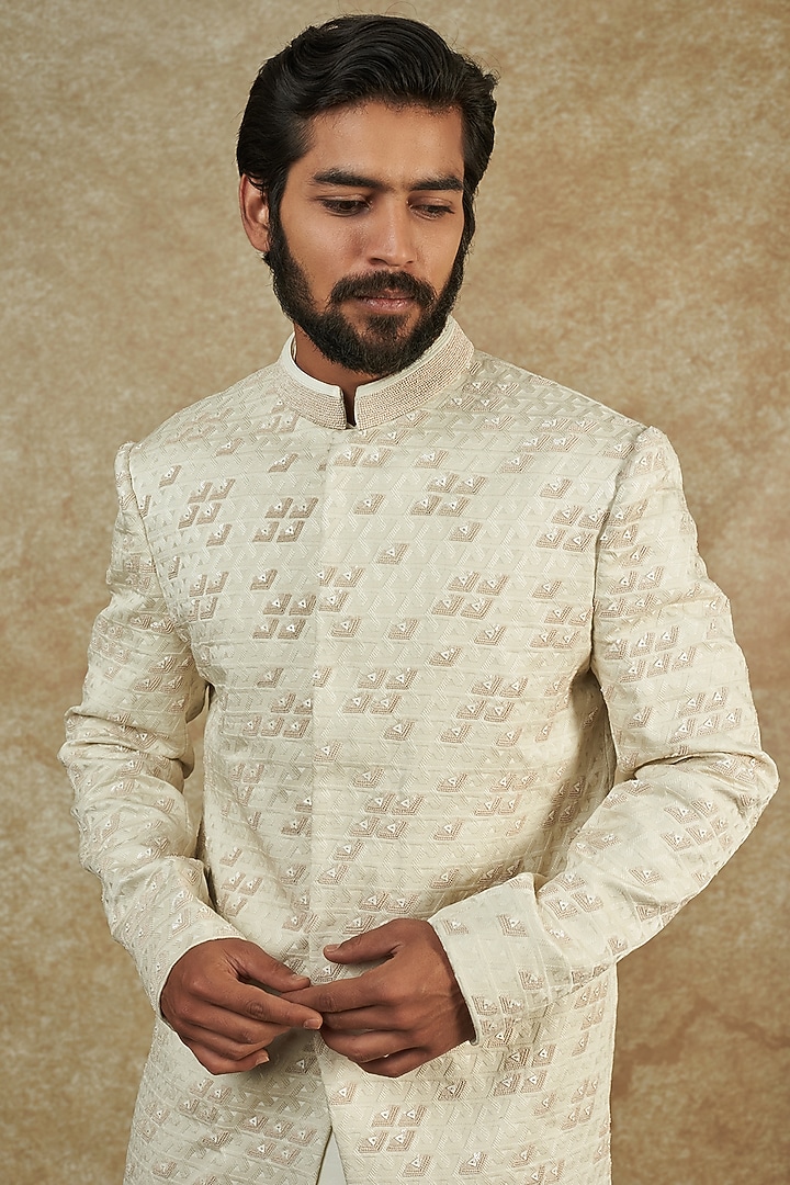 Off-White Viscose Wool Embroidered Groom Sherwani Set by Qbik Men at Pernia's Pop Up Shop