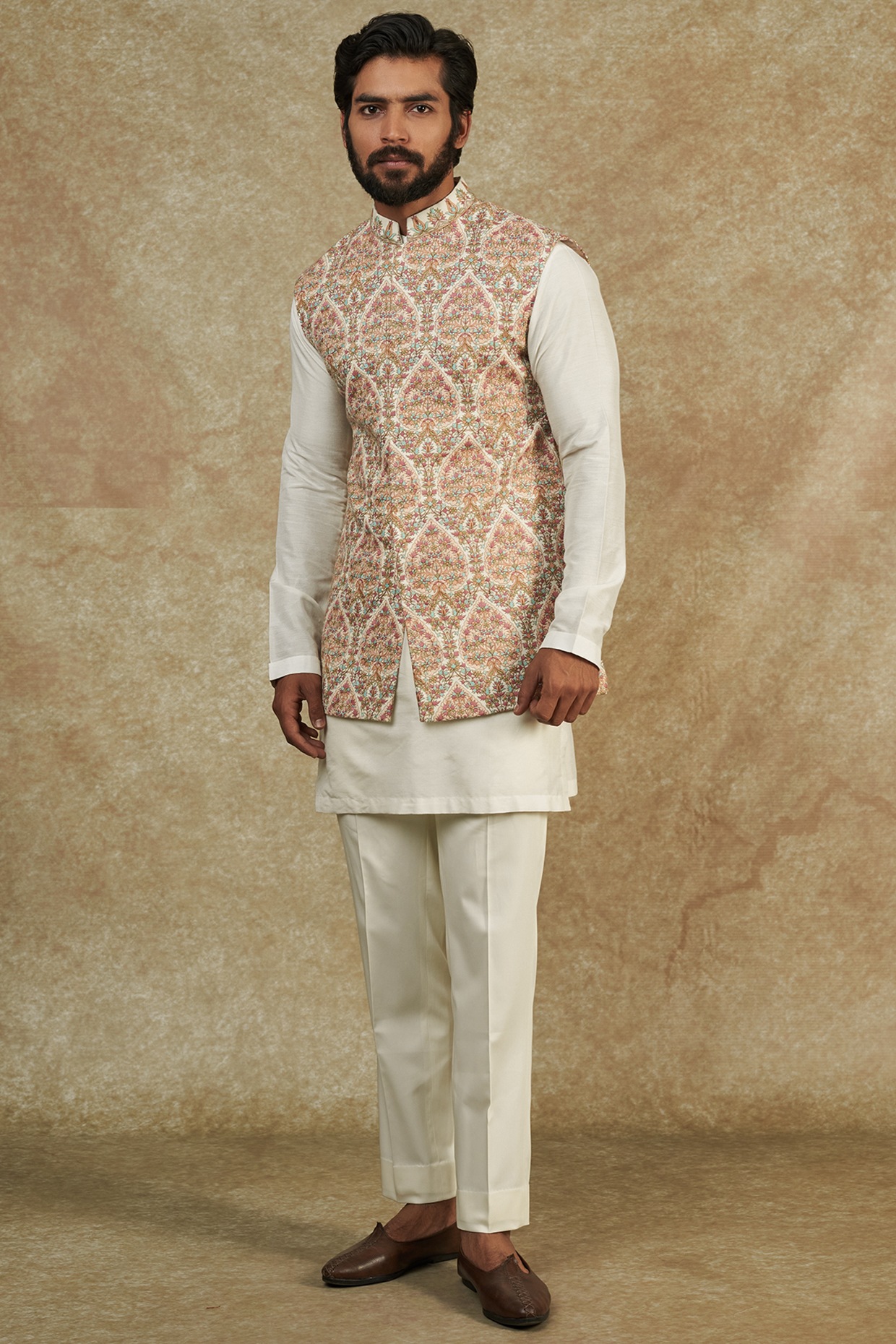 Buy Blue Linen Silk Embroidery Kashmiri Jamawar Jacket And Kurta Set For Men  by Jatin Malik Online at Aza Fashions.