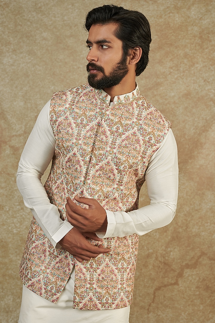 Ivory Kashmiri Embroidered Bundi Jacket With Kurta Set by Qbik Men at Pernia's Pop Up Shop