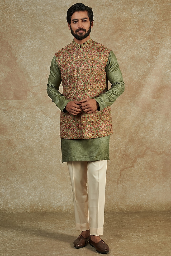Green Kashmiri Embroidered Bundi Jacket With Kurta Set by Qbik Men