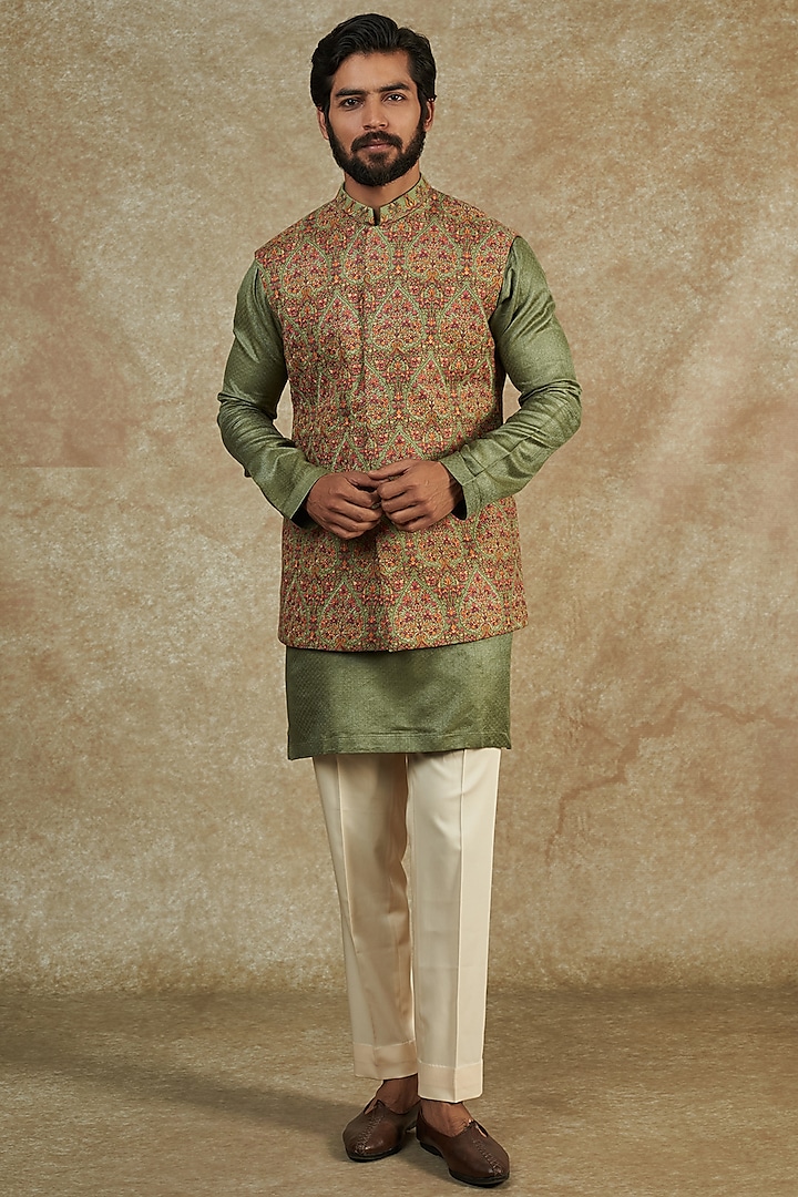 Green Kashmiri Embroidered Bundi Jacket Set by Qbik Men