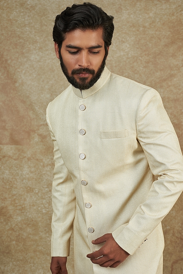 Ivory Cotton Silk Embroidered Groom Sherwani Set by Qbik Men at Pernia's Pop Up Shop