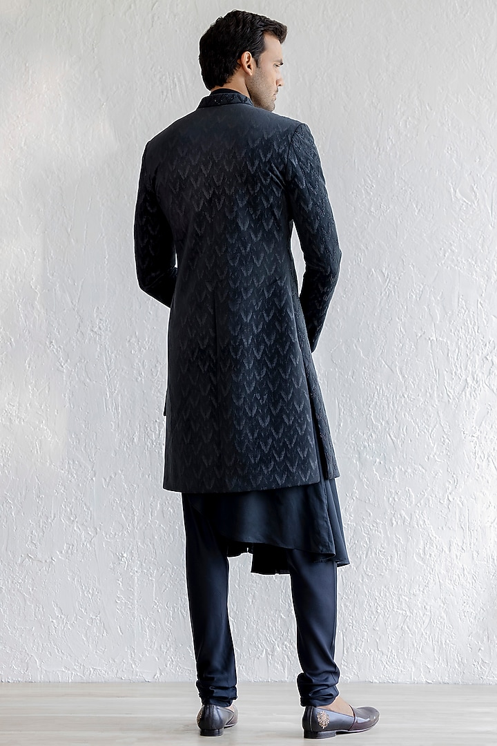 Black Velvet Embroidered Groom Indowestern Set by Qbik Men at Pernia's Pop Up Shop