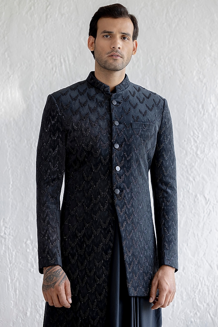Black Velvet Embroidered Groom Indowestern Set by Qbik Men at Pernia's Pop Up Shop