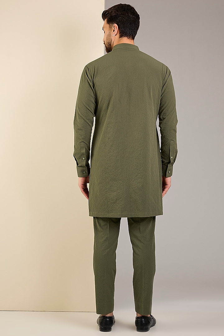 Dark Olive Seersucker Hand Embroidered Kurta Set by Qbik Men at Pernia's Pop Up Shop