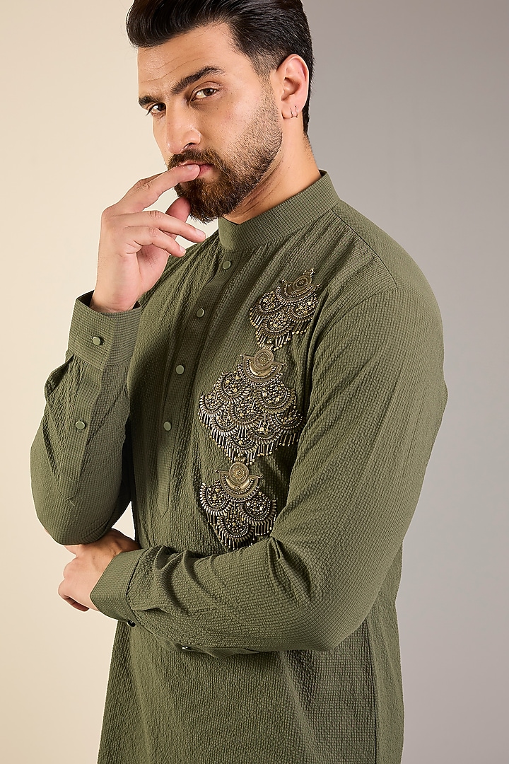 Dark Olive Seersucker Hand Embroidered Kurta Set by Qbik Men at Pernia's Pop Up Shop