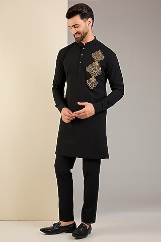 Black Seersucker Hand Embroidered Kurta Set by Qbik Men