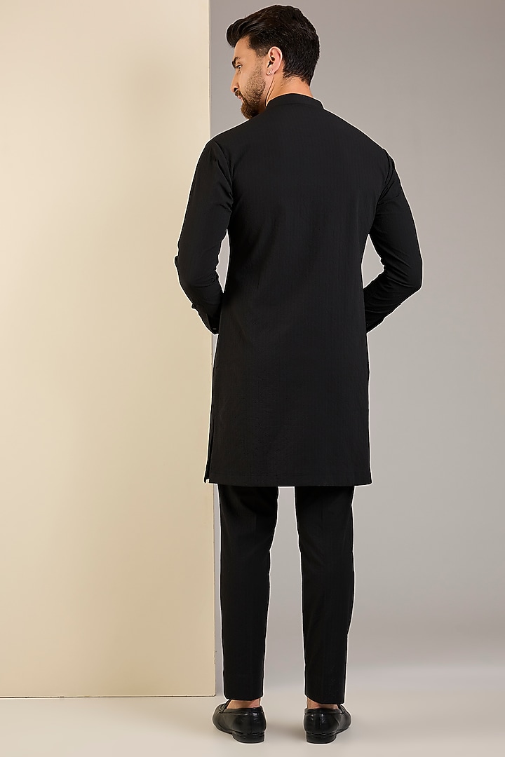 Black Seersucker Hand Embroidered Kurta Set by Qbik Men at Pernia's Pop Up Shop