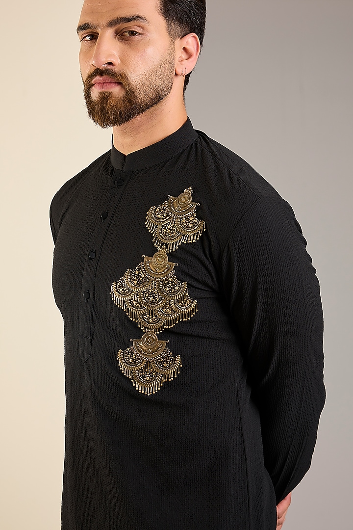 Black Seersucker Hand Embroidered Kurta Set by Qbik Men at Pernia's Pop Up Shop