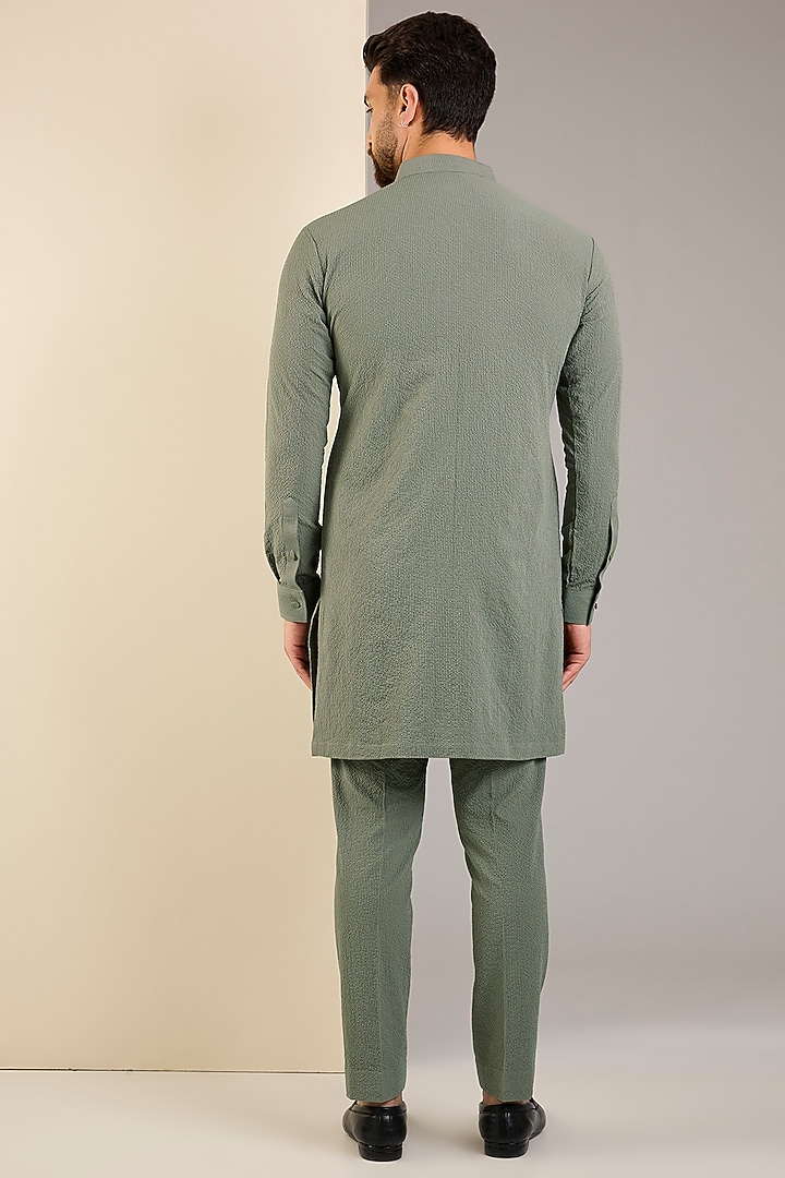 Light Olive Seersucker Metal Embroidered Kurta Set by Qbik Men at Pernia's Pop Up Shop