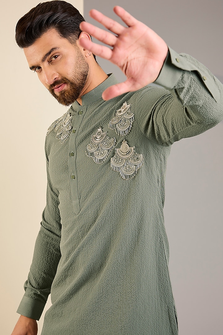 Light Olive Seersucker Metal Embroidered Kurta Set by Qbik Men at Pernia's Pop Up Shop