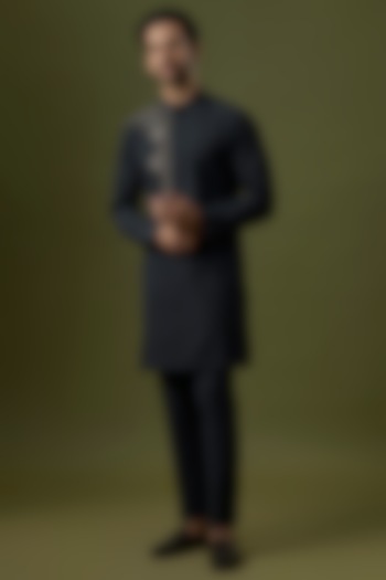 Navy Seerscuker Hand Embrodiered Kurta Set by Qbik Men at Pernia's Pop Up Shop