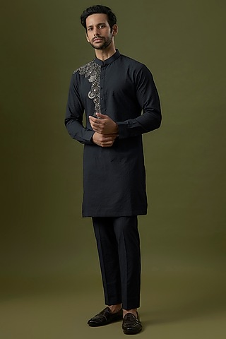 Navy Seerscuker Hand Embrodiered Kurta Set by Qbik Men