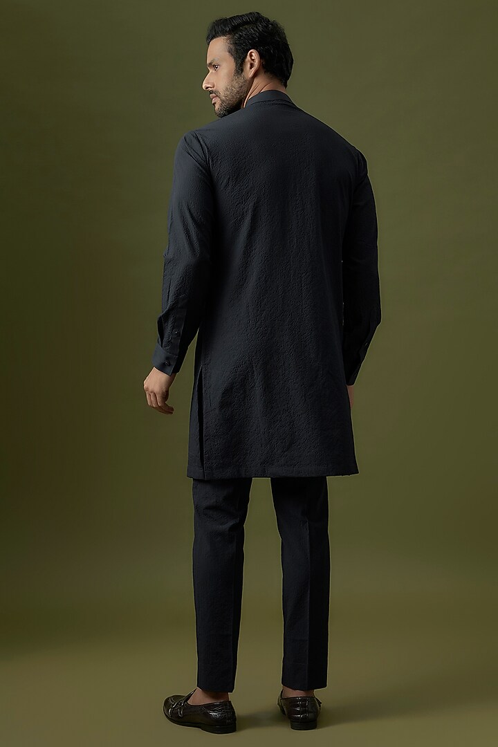 Navy Seerscuker Hand Embrodiered Kurta Set by Qbik Men at Pernia's Pop Up Shop