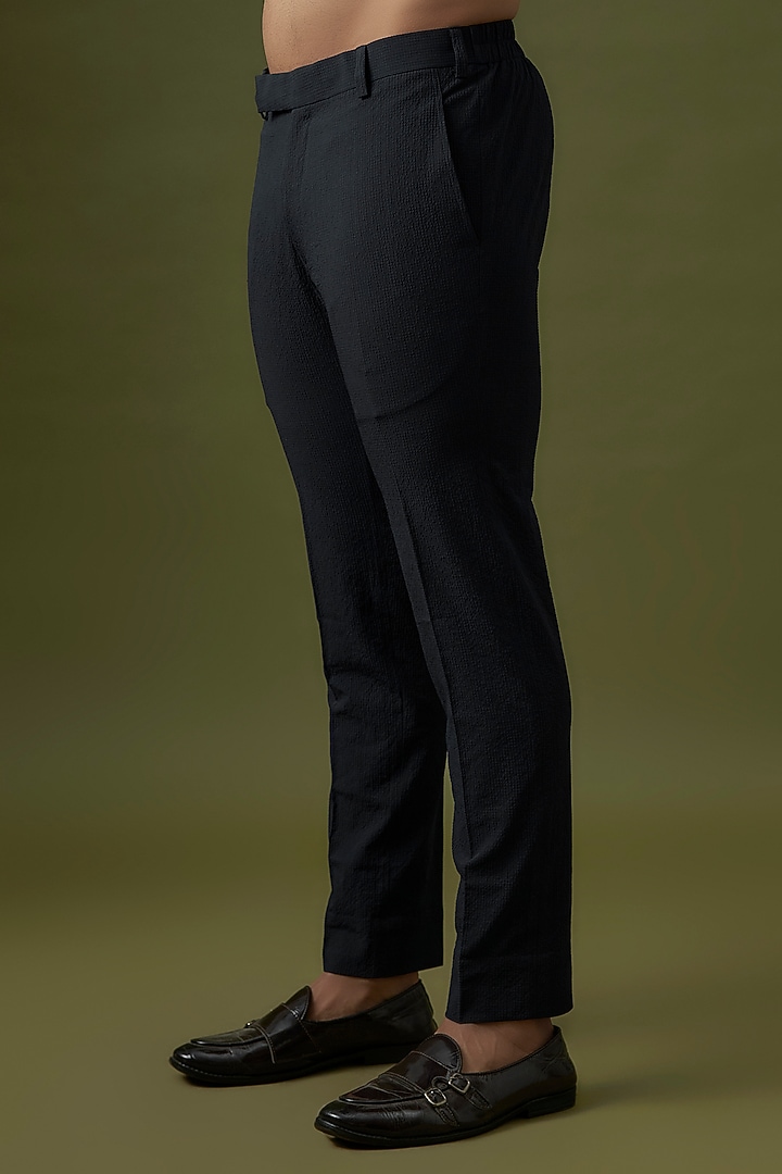 Navy Seerscuker Hand Embrodiered Kurta Set by Qbik Men at Pernia's Pop Up Shop