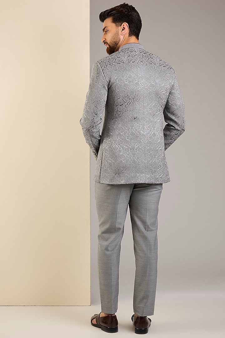 Grey Silk Jacquard Wedding Bandhgala Set by Qbik Men at Pernia's Pop Up Shop