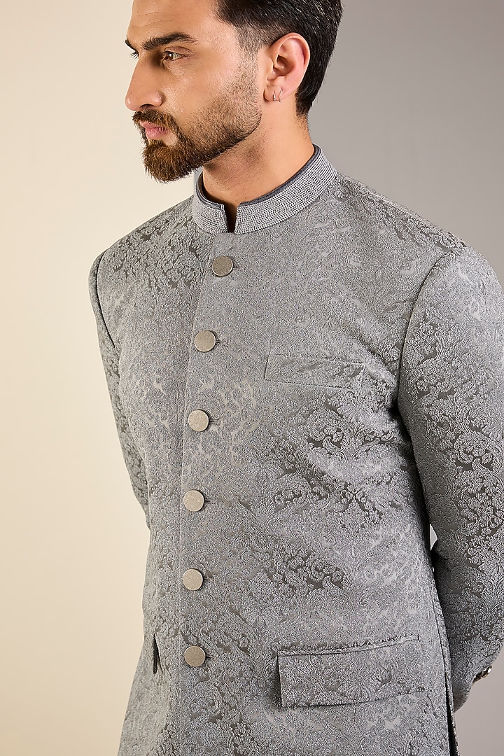 Grey Silk Jacquard Wedding Bandhgala Set by Qbik Men at Pernia's Pop Up Shop