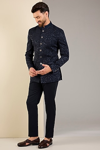 Navy Blue Silk Jacquard Bandhgala Set by Qbik Men