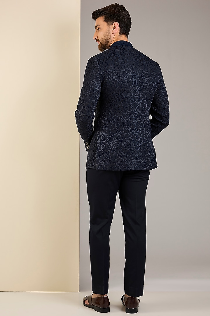 Navy Blue Silk Jacquard Wedding Bandhgala Set by Qbik Men at Pernia's Pop Up Shop