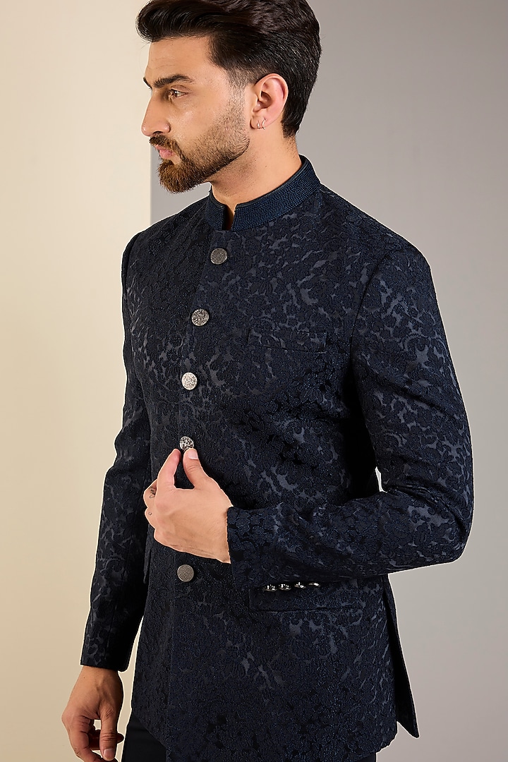 Navy Blue Silk Jacquard Wedding Bandhgala Set by Qbik Men at Pernia's Pop Up Shop