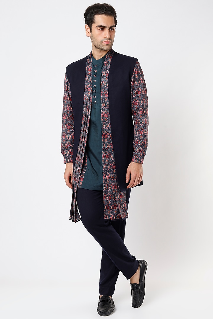 Midnight Blue Printed Kurta Set With Nehru Jacket by Qbik Men at Pernia's Pop Up Shop