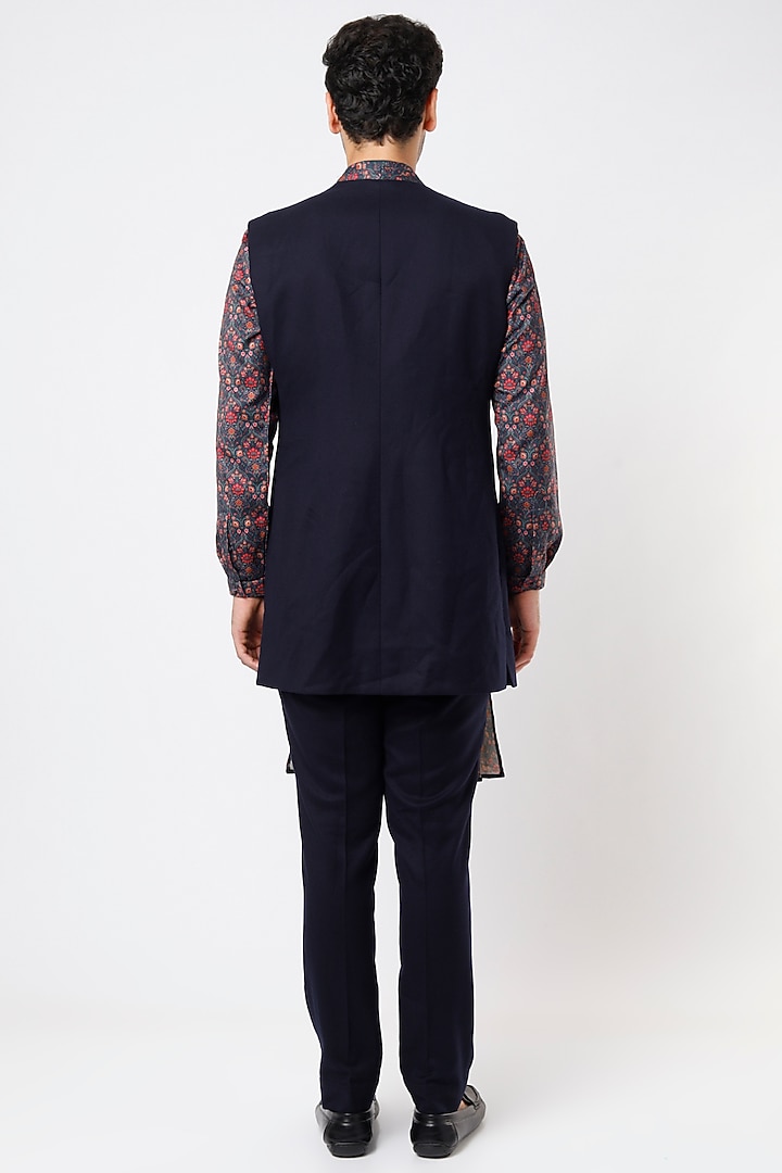 Midnight Blue Printed Kurta Set With Nehru Jacket by Qbik Men at Pernia's Pop Up Shop