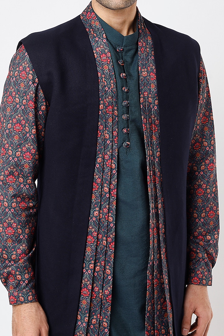 Midnight Blue Printed Kurta Set With Nehru Jacket by Qbik Men at Pernia's Pop Up Shop