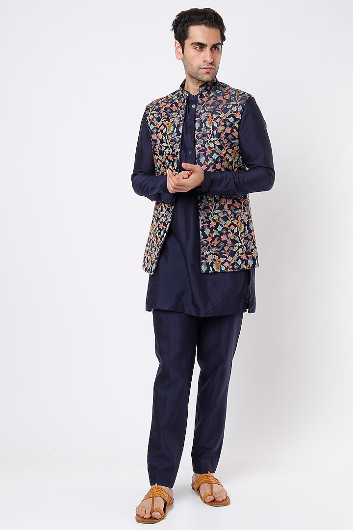 Midnight Blue Cotton Silk Kurta Set With Bundi Jacket by Qbik Men at Pernia's Pop Up Shop